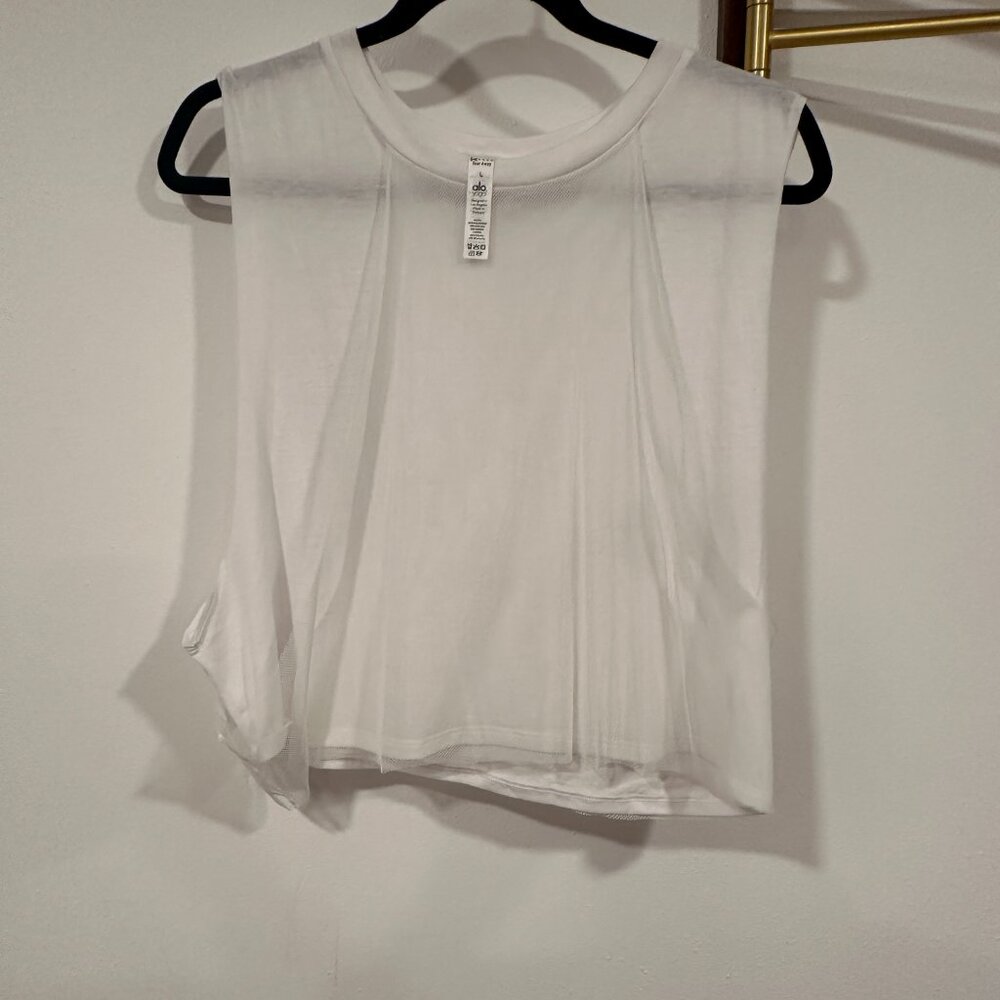 Alo Yoga white Crop Muscle tank with Mesh overlay